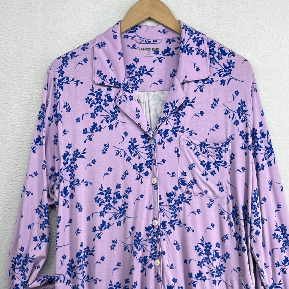 LANDS END Sleepshirt Womens M 10 12 Cooling Long Sleeve Floral Button Up Purple - Picture 2 of 12